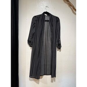 Ember‎ Black White Striped Duster Cardigan Sheer Open Front Button Tab Sleeve S